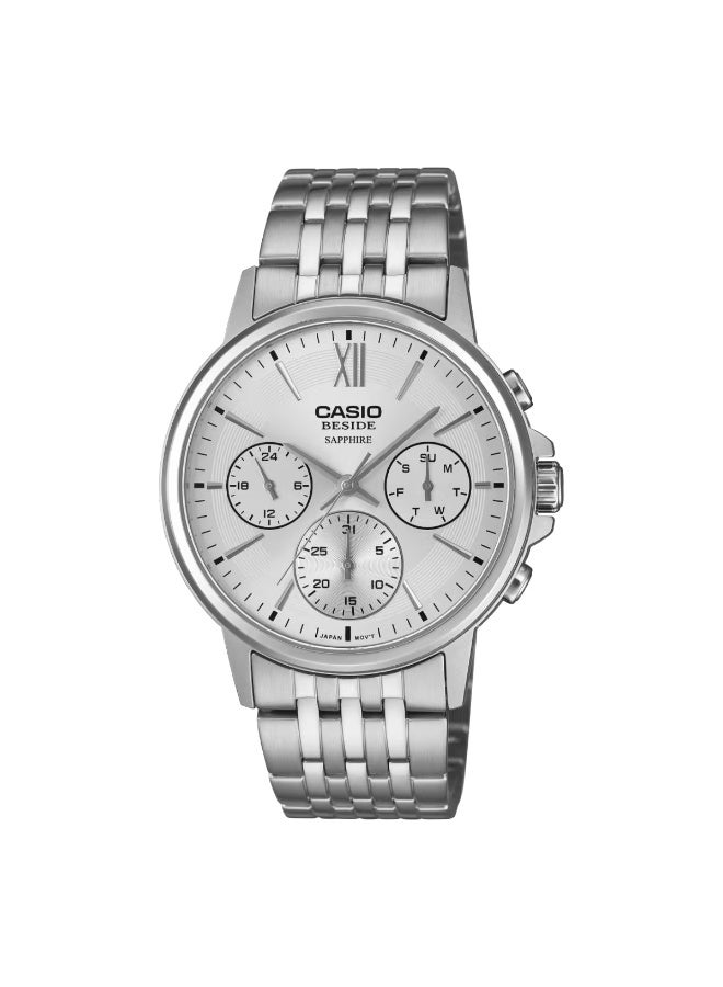 Beside Analog Men's Watch BMS-300D-7AVDF, 46mm Silver Dial, Silver Stainless Case & Strap, 50 m WR